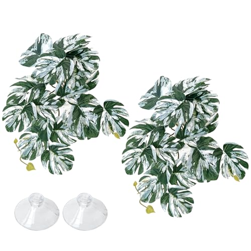 VCEPJH Reptile Plants with Suction Cup Amphibian Habitat Decor 2 Pcs Artificial Leaves for Terrarium Decor Crested Gecko Tank Accessories for Bearded Dragon, Lizard, Snake (White and Green Monstera) - color: White and Green Monstera