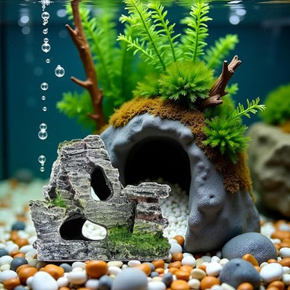 Artificial Moss Rock Aquarium Stone Cave – Resin Fish Tank Decor for Hiding and Landscaping, Small Mountain Terrain Ornament, Natural-Looking Habitat for Fish, Shrimp, and Reptiles, Decoration