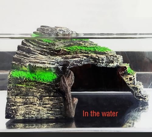 LEOTERRA 2-in-1 Reptile Hide Cave & Basking Spot, Natural Mossy Rock Texture, Perfectly Fits 10-60 Gallon Tanks, for Geckos, Mud Turtles, Juvenile Iguanas, Fish,6.7x6.7x4,Eco-Reinforced Packaging