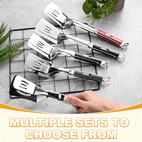 M METERXITY Spatula Tongs, 13.4 Inch 304 Stainless Steel Anti-Scald Extended Serrated Multifunctional Flipper Grill Clamp for Cooking/Barbecue, Kitchen Cooking Tong [Red Handle, Silver Tone] - color: Red Handle, Silver Tone