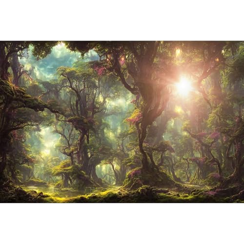 Forest Aquarium Background Fantasy Rainforest with Fog and Sunbeams Terrarium Background Abstract Tropical Jungle Forest with Lake Fish Tank Background Lush Green Trees Reptile Background 24x12in - color: Warm Green, size: 24(W)x12(H)inches/ 60(W)*30cm(H)
