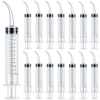 TIHOOD 15PCS 12ml/cc Plastic Syringes with Curved Tip, Disposable Irrigation Syringe Mouthwash Cleaner for Oral Care, Animal Feeding, with Measurement