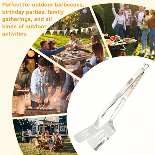 M METERXITY Spatula Tongs, 13.4 Inch 304 Stainless Steel Anti-Scald Extended Serrated Multifunctional Flipper Grill Clamp for Cooking/Barbecue, Kitchen Cooking Tong [White Handle, Silver Tone] - color: White Handle, Silver Tone