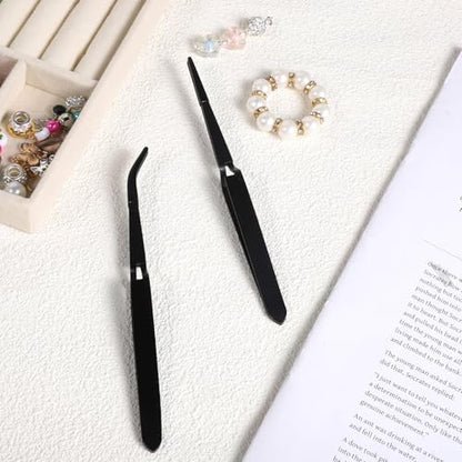 Reverse Tweezers for Crafting, 2 Pcs Rubber Tipped Tweezers Stainless Steel PVC Coated Bent and Straight Flat Tip Cross Locking Precision Tweezer Set for Crafts Jewelry Beads Coins Electronic (Black)