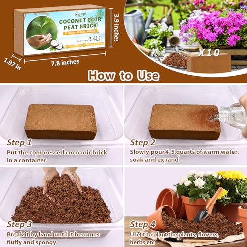 Legigo Pack of 10 Organic Coco Coir Bricks- 100% Natural Compressed Coco Peat Brick Coconut Fiber Substrate with Low EC&pH Balance, Plant Soil Enhance Root Growth for Herbs, Flowers, House Plants - color: Pack of 10