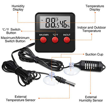 Weewooday 2 Pcs Reptile Thermometer and Humidity Gauge Reptile Terrarium Thermometer Hygrometer with Probes Indoor Outdoor Digital Pet Temperature and Hygrometer Gauge for Pet Keeping