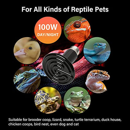 HealSmart Reptile Heat Lamp 100W 4-Pack Ceramic Heat Emitter, No Light Emitting Infrared Heat Bulbs for Amphibian Pet Brooder Coop Incubating Chicken, Lizard Bearded Dragon Turtle Snake Terrarium - size: 100 Watts (Pack of 2), style: D-85mm (3.35") *2 Pcs