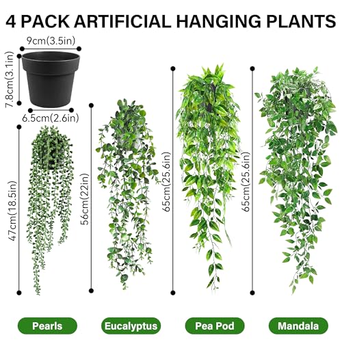 USLAI Artificial Hanging Plants Vine, Fake Potted Greenery Faux Eucalyptus, Mandala, String of Pearls, Pea Pod Leaves in Pot for Office Living Room Bathroom Indoor Outdoor Décor (4 Pack) - size: 4 Pack