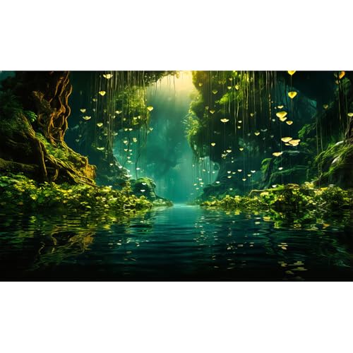 Jungles Aquarium Background Dense Rainforest Tranquil Lake Terrarium Background Foggy Sunbeams Forest Jungle Style Theme Fish Tank Backdrop Wallpaper Tank Poster Decorations Vinyl 36x20in - color: Green, size: 36(W)x20(H)in