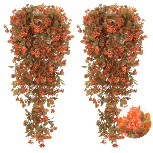 RECUTMS 2Pcs Artificial Fall Hanging Flowers for Outdoors Decoration Fake Fall Flowers Plants Faux UV Resistant Plastic Greenery Vines for Outdoor Garden Front Porch Thanksgiving Decor（Autumn Red） - color: Autumn Red-rose