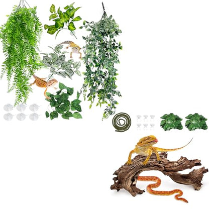 Hamiledyi 5 Pcs Reptile Plants Terrarium Hanging Fake Plant Leaves and Reptile Driftwood Branch Decor Terrarium Ornament Wood for Snake Bearded Dragon Leapord Gecko