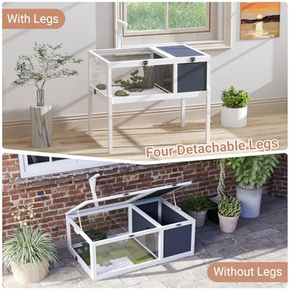Yafylly Wooden Tortoise Habitat Indoor, Large Tortoise Habitat Enclosure with Detachable Legs, 2 Leak-Proof Trays, Lamp Holder, Indoor Turtles Habitats, Tortoises House Outdoor