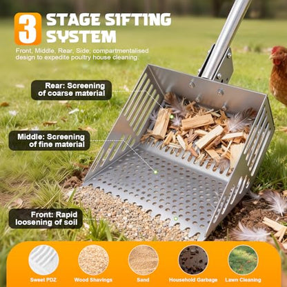 Adjustable Chicken Poop Scooper, 24-70" 4-in-1 Sifting Rake & Shovel, Stainless Steel Cleaner for Chicken Coop, Goat Stall, Rabbit Hutch, Pet Waste Large
