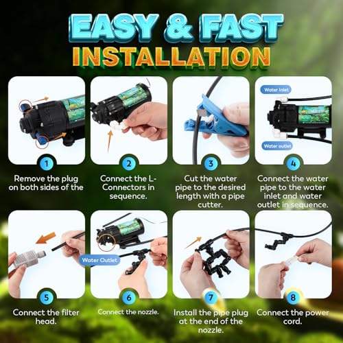 Moongiantgo Reptile Mister System - Adjustable Water Pressure Reptile Humidifier with 4 360°Adjustable Single Nozzles & 2 Double Nozzles - Terrarium Humidifier for Lizard Chameleon Snake Frog Turtle