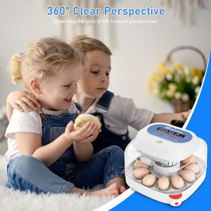 Sailnovo 12 Egg Incubator with Automatic Egg Turning and Humidity Display, Built-in Candler & 360° View Window, Manual & Preset Modes for Hatching Chicken Duck Quail Eggs Home Classroom Lab