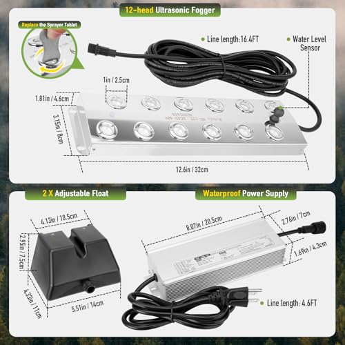 Ultrasonic Fogger Mist Maker 12 Head (9000ml/H) with 400W Waterproof Power Supply & Floats, Ultrasonic Humidifier Ideal for Pond, Vegetable Preservation, Landscape, Lawn, Halloween