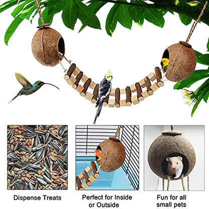 Hamiledyi Coconut Bird Nest Hut with Ladder Hanging Birds Hide House Toy for Cage Natural Coco Shell Hideaway for Parakeet Lovebirds Finch Syrian Hamster Gecko Squirrel Climbing - size: 1PCS 31.9*19.3in