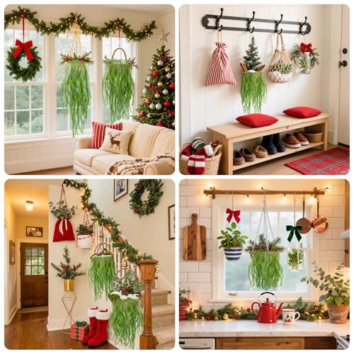 RAINFLOW 2PCS Christmas Fake Hanging Plants 36" Uv Resistant Artificial Pine Needle Hanging Vines, Fake Ivy Vines for Wall Shelf Patio Front Porch Christmas Decor(Basket and Berries Not Included)