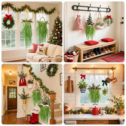 RAINFLOW 2PCS Christmas Fake Hanging Plants 36" Uv Resistant Artificial Pine Needle Hanging Vines, Fake Ivy Vines for Wall Shelf Patio Front Porch Christmas Decor(Basket and Berries Not Included)