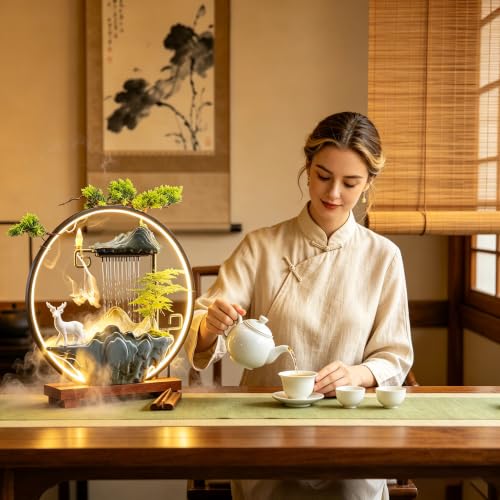 Luxury Feng Shui Zen Tabletop Fountain with Mist and LED Light | Tabletop Water Fountains with Backflow Incense Holder, Indoor Meditation Water Feature for Living Room and Office - color: Deer