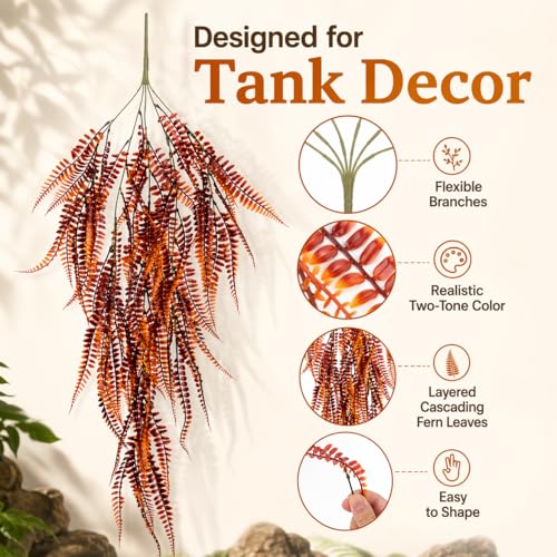 RAINFLOW 2PCS Reptile Plants for Terrarium - 33.5in Artificial Boston Fern Fake Vines, Fake Terrarium Plant for Leopard Gecko Lizard Snake Chameleon Bearded Dragon Tank Accessories(Red)