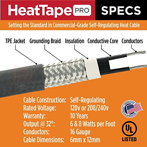 Radiant Solutions Company Heat Tape Pro - Self-Regulating Heat Cable - Long Term Ice Dam, Roofing, Gutter & Pipe Freeze Protection - 12 MM, 6 Watts Per Foot (500, 120 Volt) - style: 500 Feet