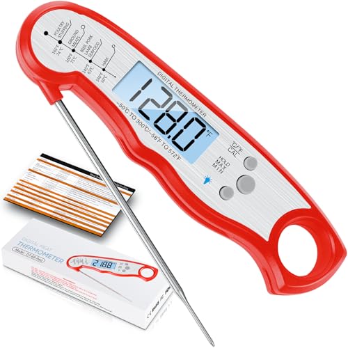 Digital Meat Thermometer, Waterproof Instant Read Food Thermometer for Cooking and Grilling, Kitchen Gadgets, Accessories with Backlight & Calibration for Candy, BBQ Grill, Liquids, Beef, Turkey… - color: Red - Sliver