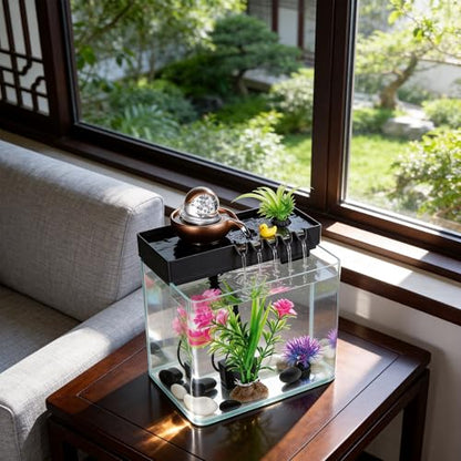 Indoor Water Fountain, 5-in-1 Tabletop Waterfall with Fish Tank & Mist Spray Humidifier, Desktop Fountain for Office Decor, Relaxing Small Water Feature for Bedroom Living Room Home