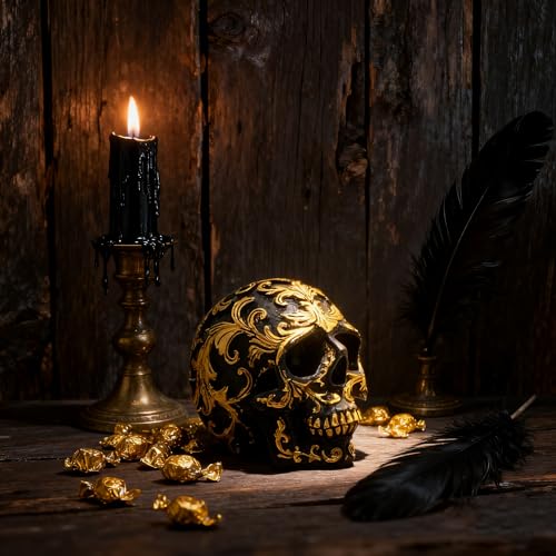 Gothic Skull Heads Home Decor - 3.62 Inch Desk Skeleton Skull Head Statue Fake Resin Skull Figurine Decor for Halloween Decorations, Party Gold Skull Head Designs