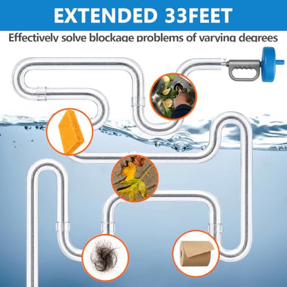 Drain Snake 5Set-33Ft Drain Clog Remover,62inch Heavy Duty Plumbing Snake,20inch Hair Clog Remover,Gloves for Bathtub,Toilet,Sewer,Kitchen Sink,Drainage Pipe(Blue) - style: 5SET Heavy Duty
