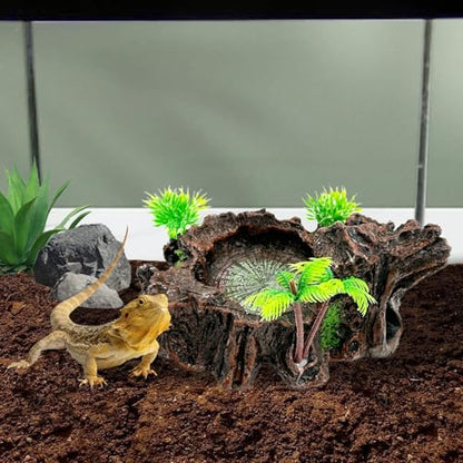 PINVNBY Reptile Water Dish, Snake Water Bowl, Resin Turtle Basking Platform with Artificial Plants, Crested Gecko Tank Accessories for Bearded Dragon, Hermit Crab, Snake (Smooth)