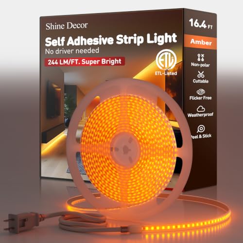 Shine Decor LED Strip Light Super Bright, Plug&Play 120V Driverless Easy Wiring, Flicker Free Weatherproof for Outdoor Indoor, Min. 3.9” Cuttable Stickable, Amber 16FT ETL Listed - color: Amber, size: 16.4 Ft