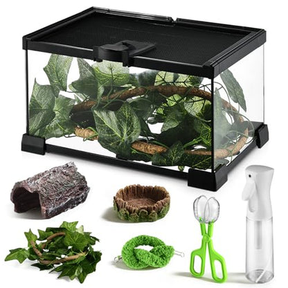 Reptile Terrarium Glass Kit 12" x 8" x 6" Starter Habitat for Tarantula, Succulents, Frogs, or Hermit Crabs, Tank with Escape-Proof Locking Lid - size: 2 gallon
