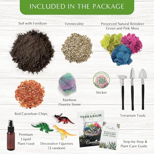 Creations by Nathalie DIY Terrarium Starter Kit - Small Terrarium Kit with Moss, Soil, Pebbles, Tools, Crystals & Figurines - Fun Gardening Craft Supplies for Adults & Teens - Handcrafted in USA