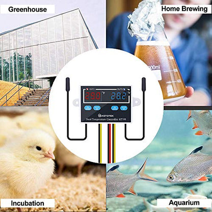 KETOTEK Digital Dual Temperature Controller 120V Fahrenheit Thermostat 10A with 2 1.5m Waterproof Probes, Heating Cooling Temperature Control Switch Refrigerator Fan Heater