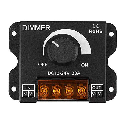 LED Strip Light Dimmer, DC 12-24V 30A PWM Knob Dimmer for Single Color LED Strip Lights, Wall Mounted, Black (1 Pack)