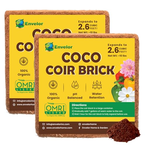 Coco Coir for Plants 2-Pack – 2.6 Cu. Ft. Compressed Coconut Coir Bricks, 10 lb. Organic, Low EC, pH Balanced Coco Peat for Indoor & Outdoor Gardening, Potting Soil, Indoor Plant Soil - color: Coco - 10 lb (2.6 Cu. Ft.) - 2 Pack