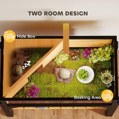 Wooden Tortoise Habitat with Storage Shelf & Clear Windows - Yellow