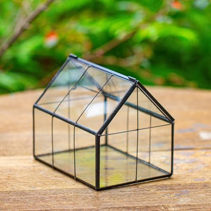 NCYP Mini Glass Terrarium with Lid - 6.1" x 4.25" x 4.92" House Shape Closed Planter for Mini Cactus, Succulents Plant, Moss - Home Garden Office Tabletop Geometric Decor, Black (Terrarium Only) - size: 6.1x4.25x4.92 inches