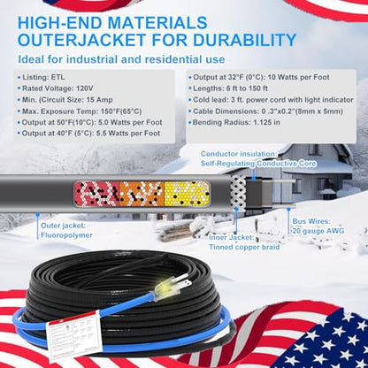 Sewage Pipe Heating Cable 12 FT 120V Self-Regulating for Freeze Protection in Wastewater Systems, Sump Pumps and Roof De-Icing with Fluoropolymer Corrosion-Proof Technology - style: 12FT