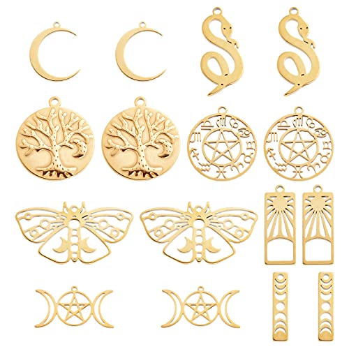 SUNNYCLUE 1 Box 16Pcs 18K Gold Plated Stainess Steel Tarot Style Tree of Life Charms Moon Phase Snake Charm Triple Goddess Moon Ouijas Crescent Hollow Butterfly Charms for Jewelry Making Charm Craft
