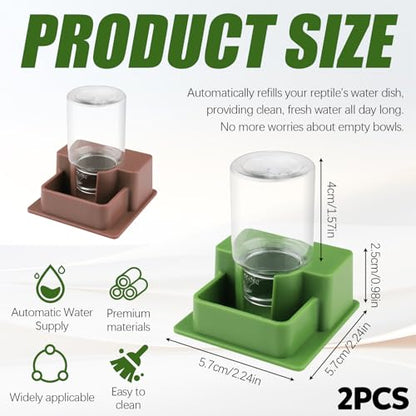 2 Pieces 1 Oz Reptile Water Dispenser with Bottle, Prevent Drowning Reptile Automatic Water Feeder, Gecko Feeder Drinker for Terrarium Tank Turtle Lizards (Green & Brown)