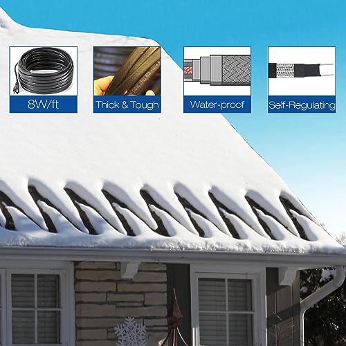 H&G lifestyles 8W/FT Roof Heat Cable for Roof and Gutters 60FT | Self-Regulating Heaters to Prevent Ice Dams,Heavy Duty Heat Tapes for Snow De-icing, 8Watts per Foot Patented Technology - color: 60-feet