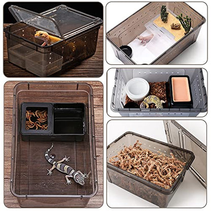 Hamiledyi 2PCS Reptile Feeding Box & Hide Box Black, Reptile Habitat with Sink Humidifier for Snakes, Leopard Spiders, Turtles