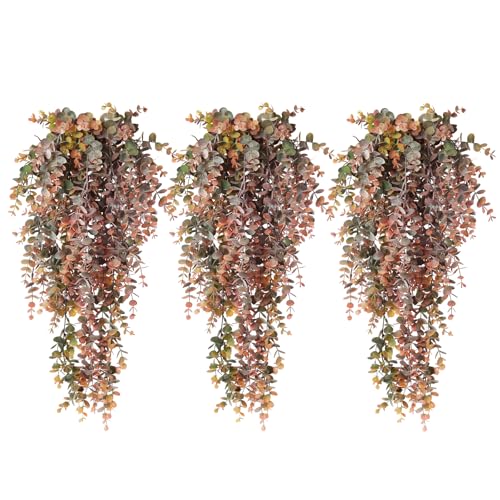 RECUTMS Faux Hanging Eucalyptus Plant Fake Hanging Plants 3Pcs Artificial Eucalyptus Leaves Vines Faux Draping Greenery Wall Decor for Spring Indoor Outdoor Room Wedding Valentine's Day(Dusty Red) - color: Dusty Red