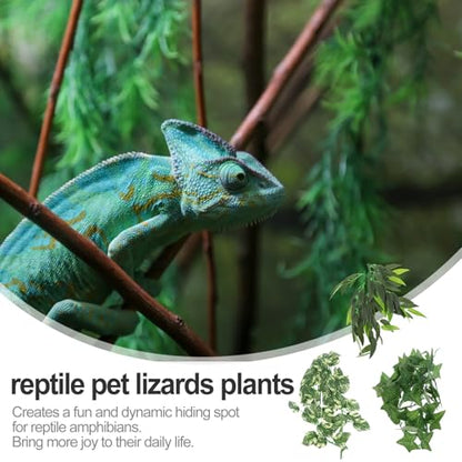 DOITOOL Reptile Plants Leaves Set with Suction Cups, 3pcs Artificial Green Vines for Terrarium Habitat Decor, 12-inch and 30cm Leaf Climbing Accessories for Lizards, Geckos, Snakes