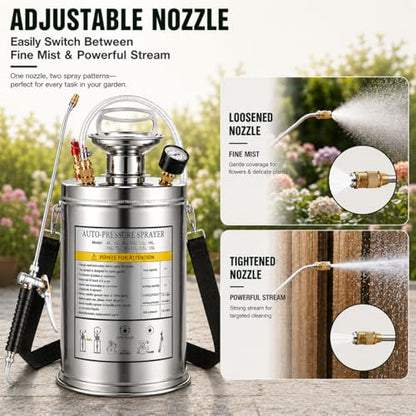 3.5 Gallon Stainless Steel Sprayer, Hand Metal Pump Up Sprayer Reinforced Hose with Pressure Gauge, Safety Valve & Adjustable Nozzle, Garden Weed Sprayers for Lawn, Gardening, Sanitizing - style: 3.5 Gal