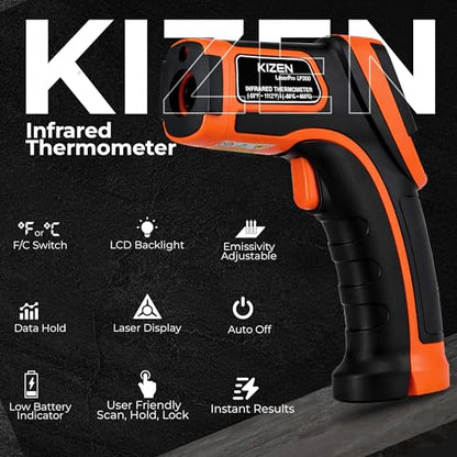 Kizen Infrared Temperature Gun - Handheld Surface Infrared Thermometer for Griddle, Grill, Pizza Oven, Candy, & A/C - Laser Thermometer Gun -58F to 1112F - Surface Temp Gun