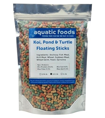 Koi, Pond & Turtle 7/16" x 5/32" 25% Protein Floating Sticks. Spirulina, Color Enhancing & Wheat Germ Sticks for Koi, All Pond Fish, Aquatic Turtles...WL…1/2-lb Foil Pouch Bag