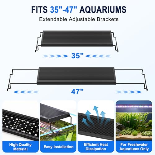 AQQA 24/7 Aquarium Light with Timer, Full Spectrum LED Fish Tank Light for Freshwater & Plants, 9 Dimmable Light Modes, 10 Adjustable Brightness, Extendable Brackets for 35-47 inch Tank,56W Black - size: 56W for 35-47 inch tank